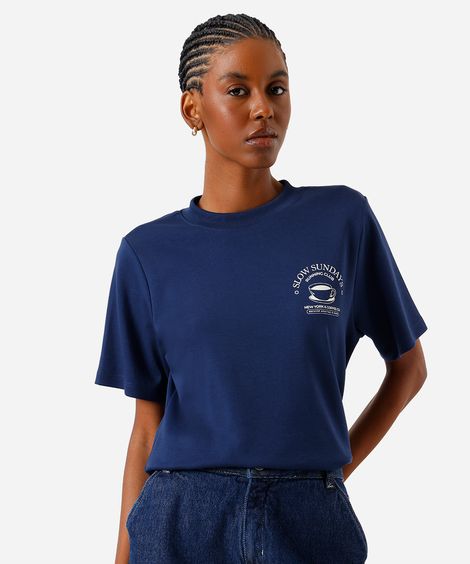 camiseta feminina de algodão peruano estampada azul