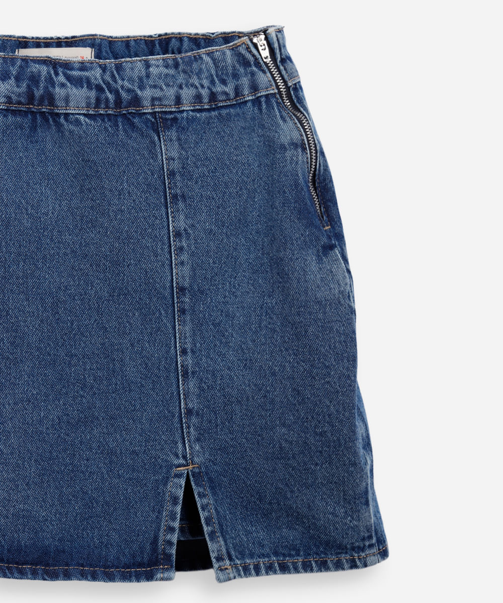 short saia juvenil jeans com fenda azul