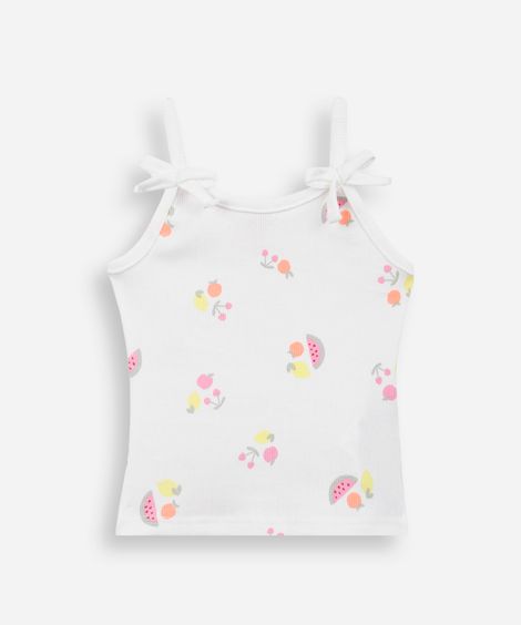 blusa infantil de algodão alça fina frutas canelada off white
