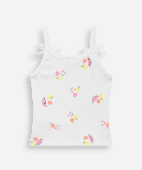 blusa infantil de algodão alça fina frutas canelada off white