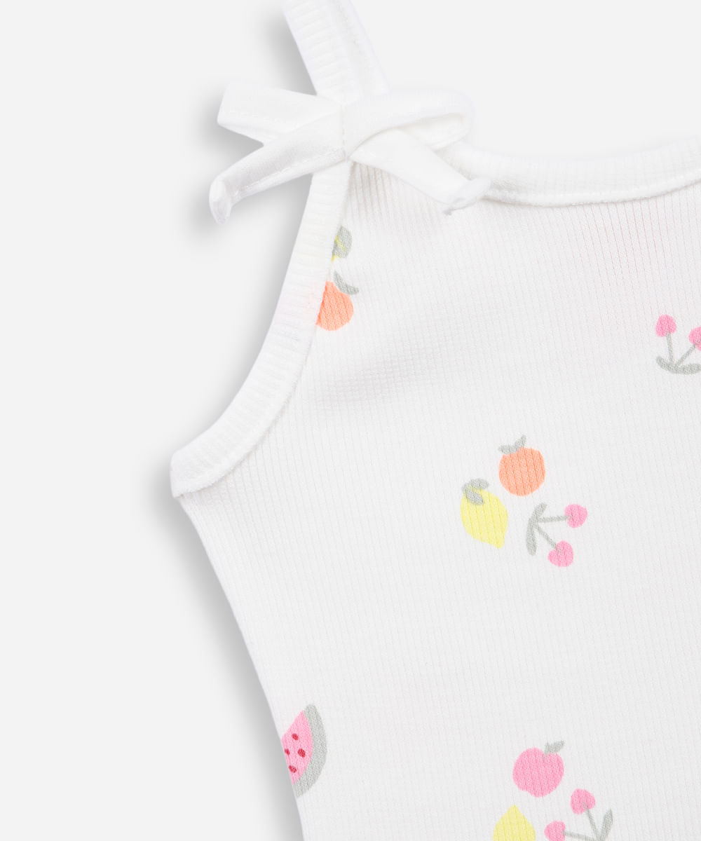 blusa infantil de algodão alça fina frutas canelada off white