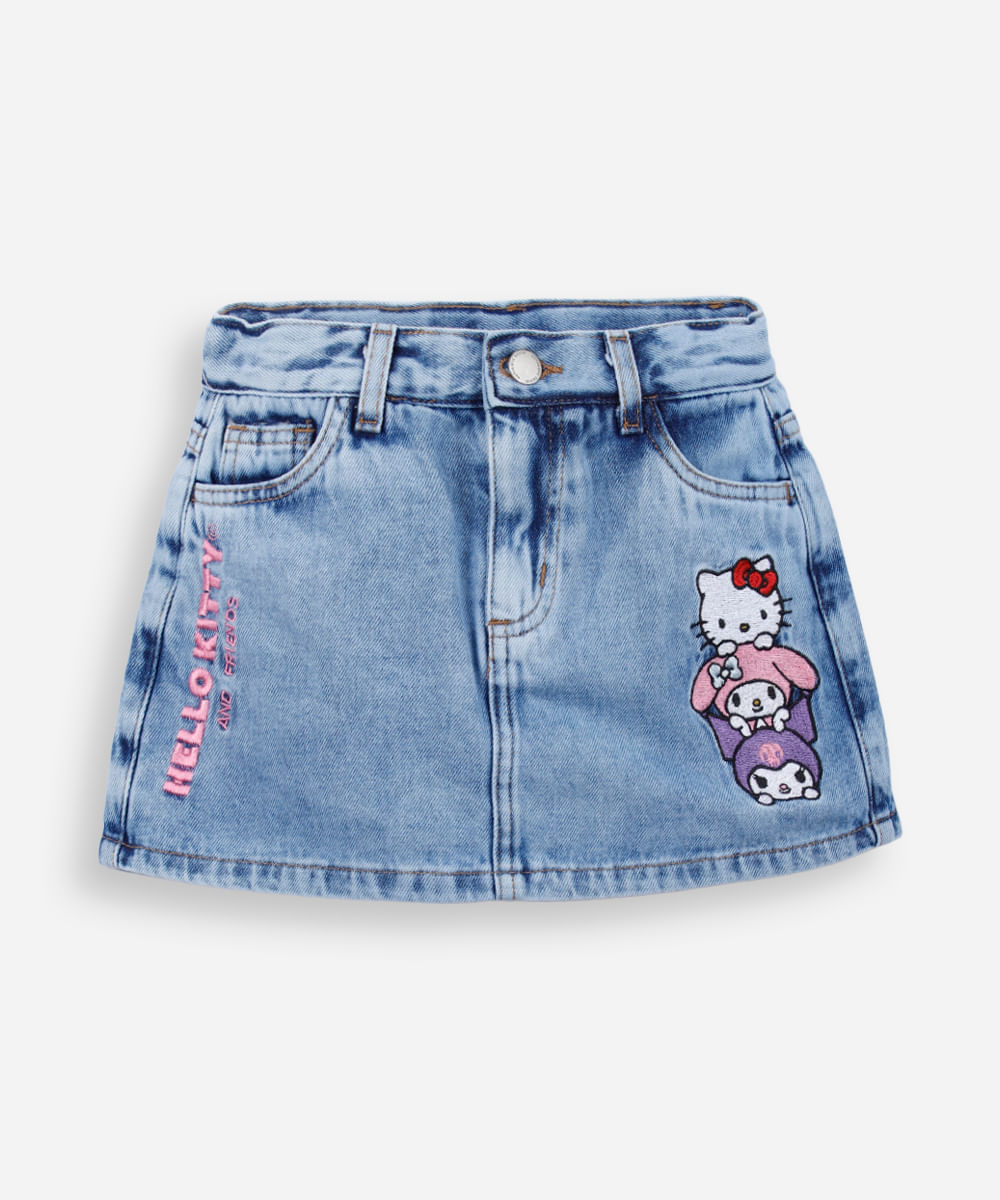 short saia infantil jeans com bordado hello kitty azul