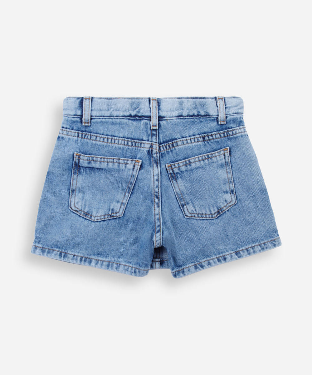short saia infantil jeans com bordado hello kitty azul