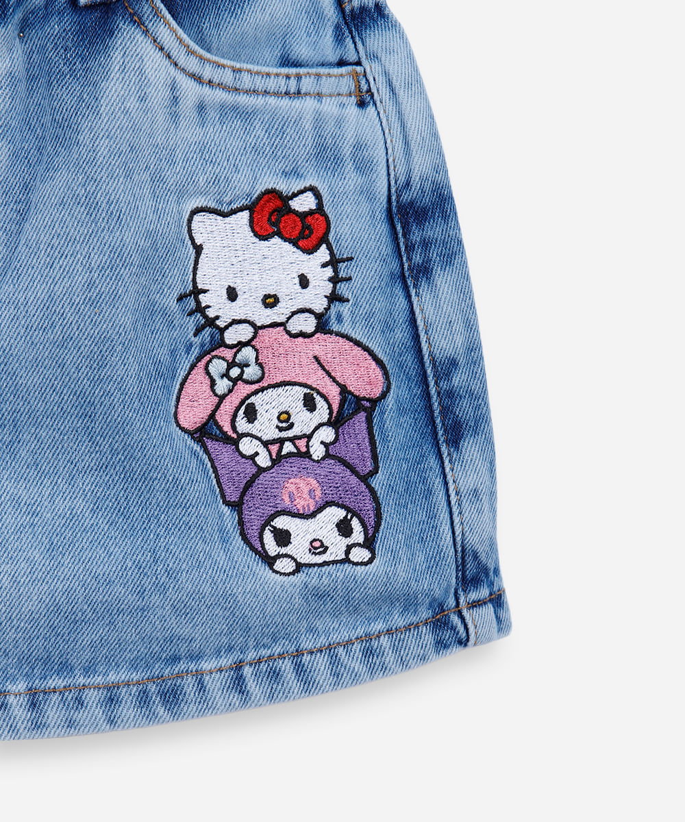 short saia infantil jeans com bordado hello kitty azul