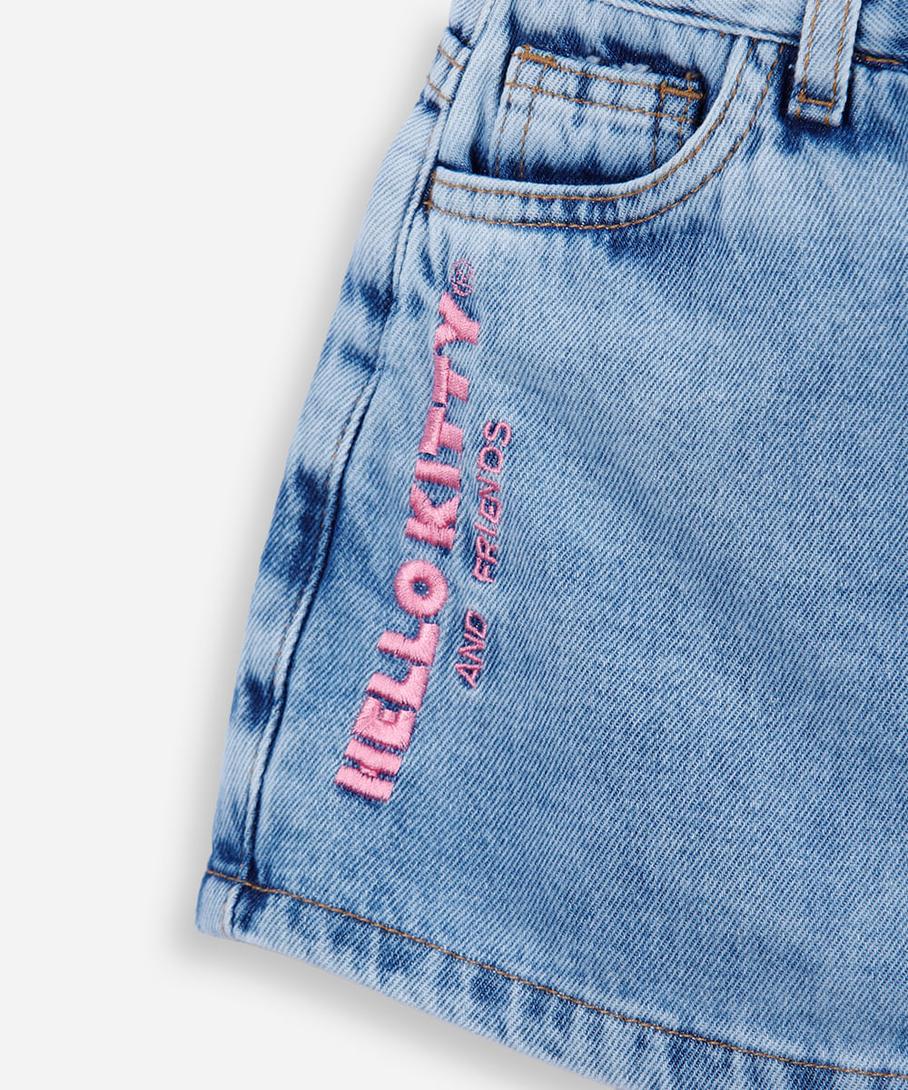 short saia infantil jeans com bordado hello kitty azul