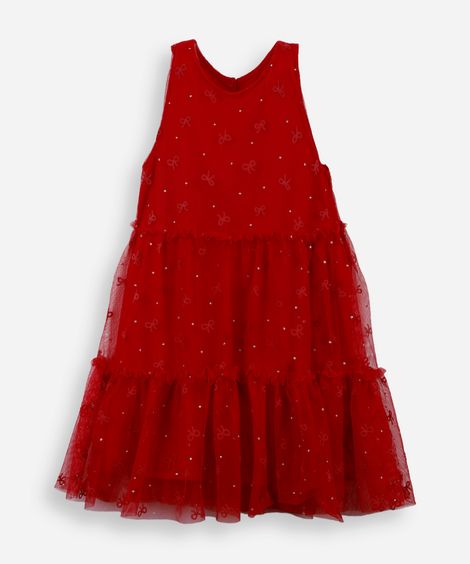 vestido infantil de tule com recortes e brilhos vermelho