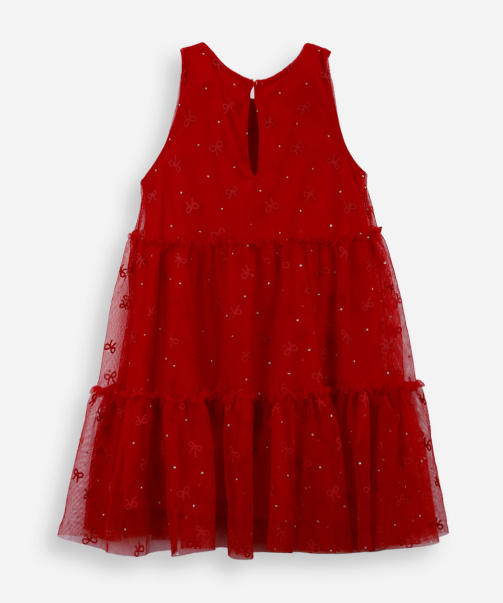 vestido infantil de tule com recortes e brilhos vermelho