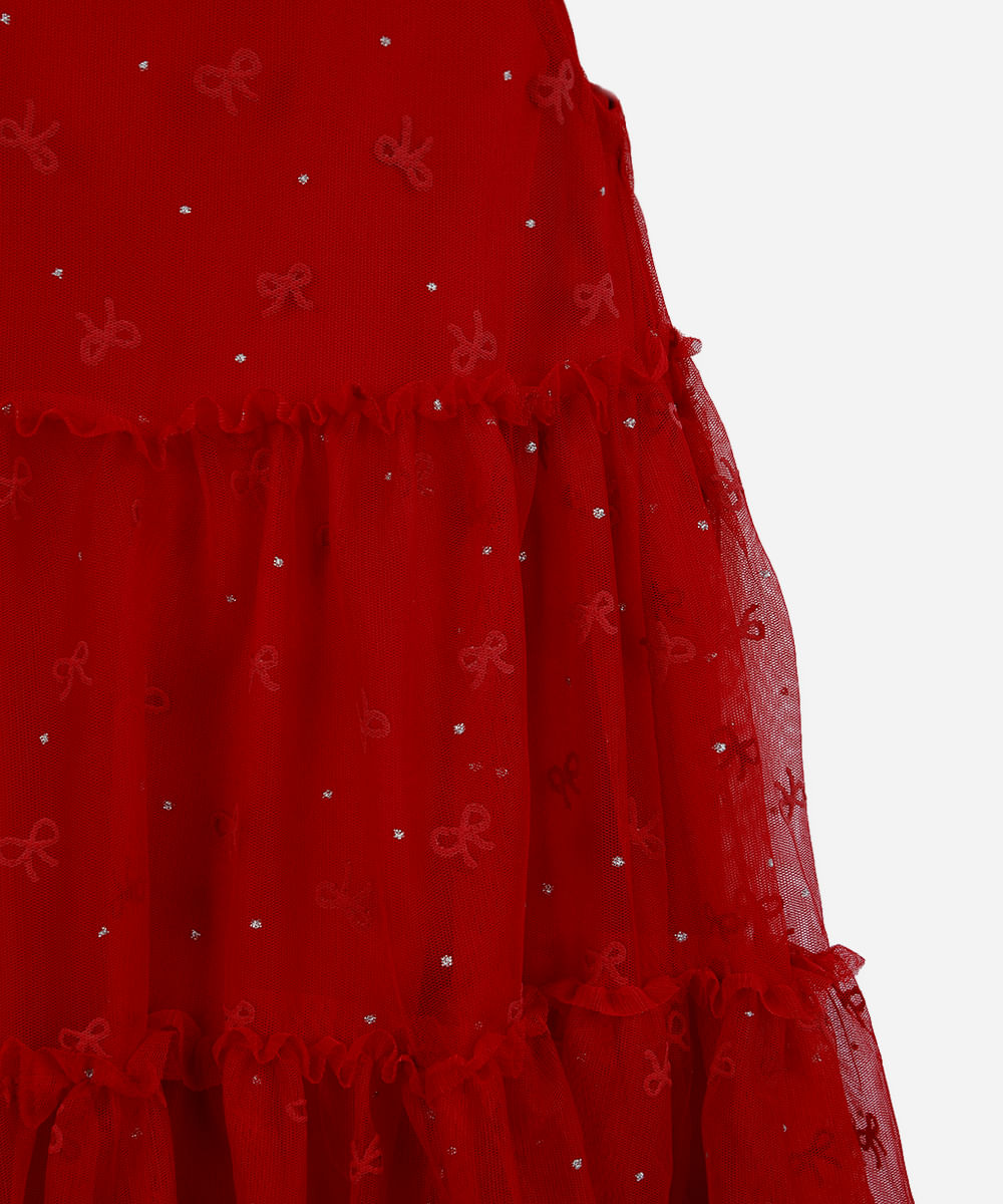 vestido infantil de tule com recortes e brilhos vermelho