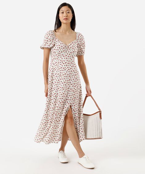 vestido midi feminino de viscose manga bufante com fenda floral off white