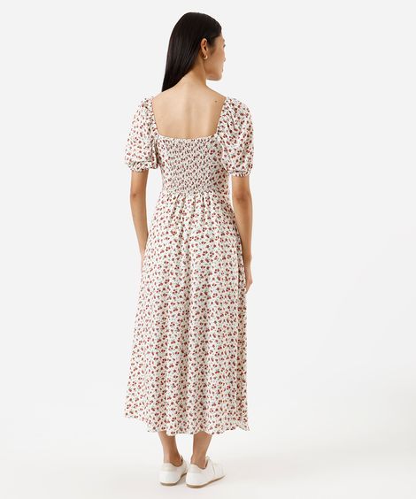 vestido midi feminino de viscose manga bufante com fenda floral off white