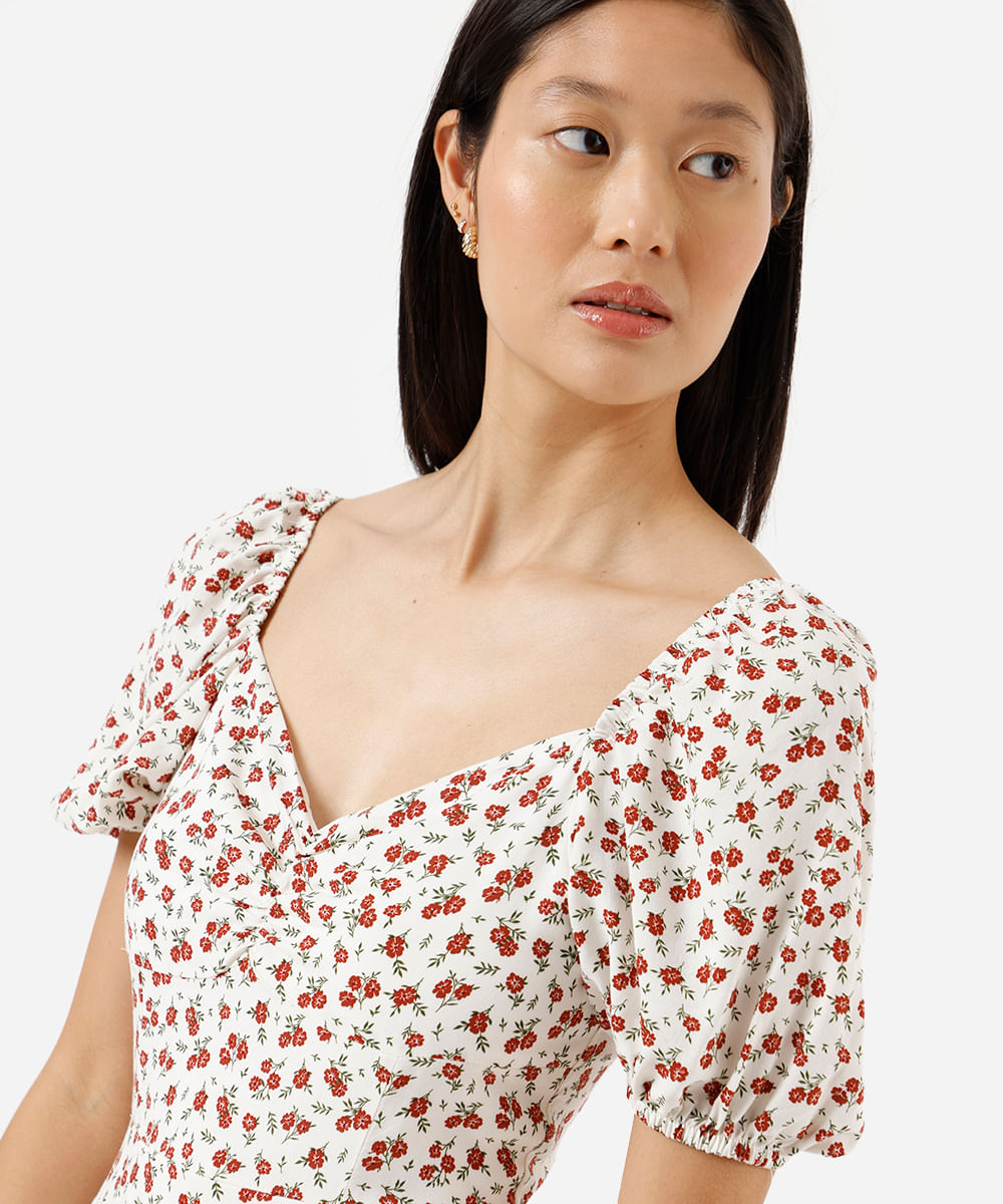 vestido midi feminino de viscose manga bufante com fenda floral off white