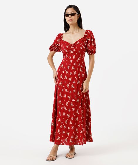 vestido midi feminino de viscose manga bufante com fenda floral vermelho