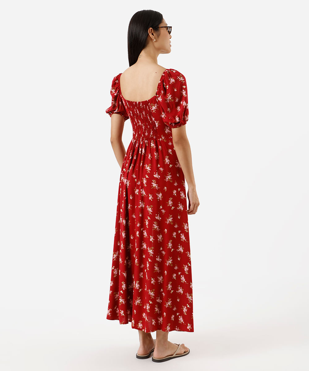 vestido midi feminino de viscose manga bufante com fenda floral vermelho