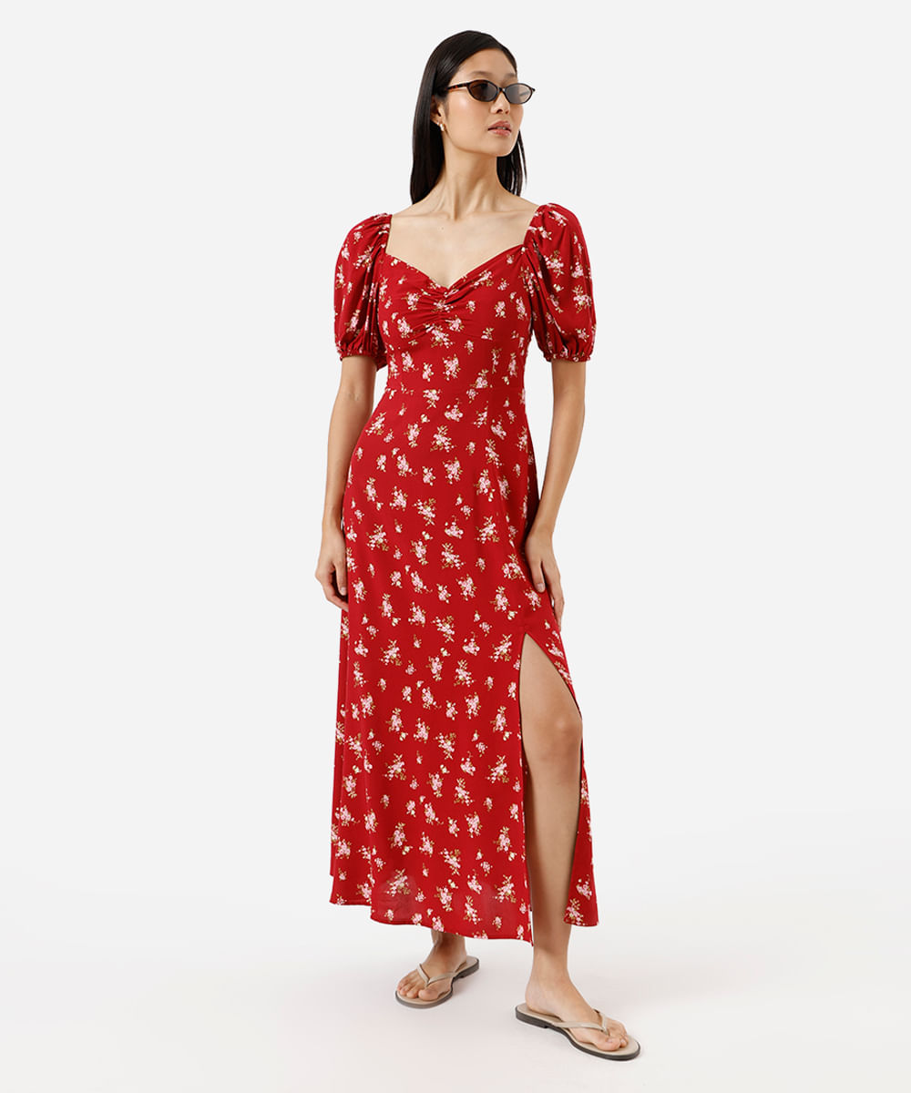 vestido midi feminino de viscose manga bufante com fenda floral vermelho