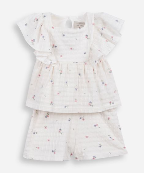 conjunto curto infantil de algodão texturizado floral off white