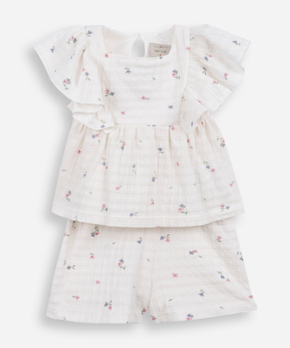 conjunto curto infantil de algodão texturizado floral off white