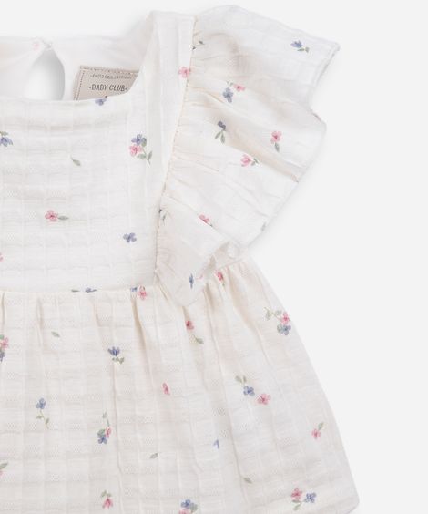 conjunto curto infantil de algodão texturizado floral off white