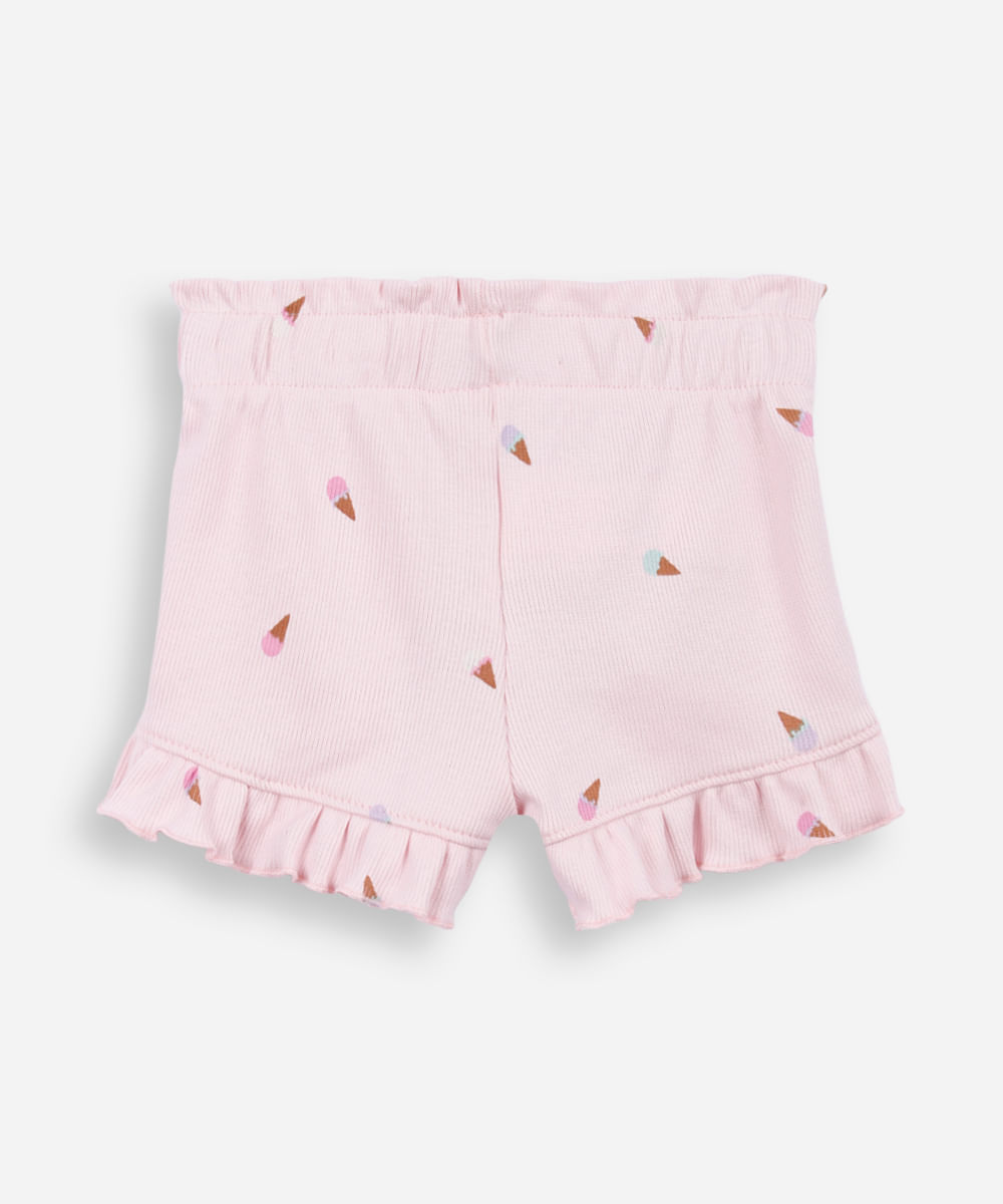 short infantil de algodão com babado sorvete canelado rosa