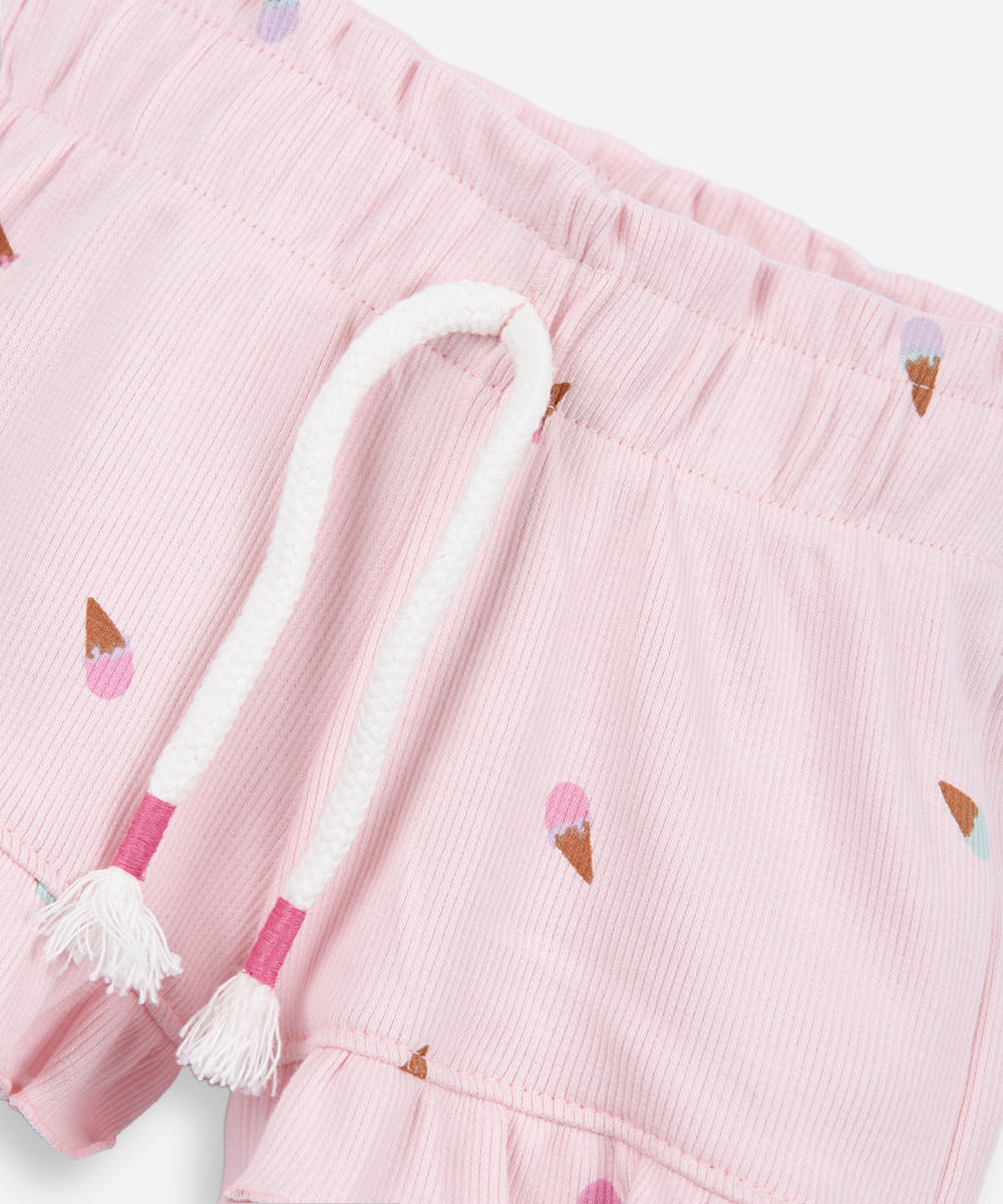 short infantil de algodão com babado sorvete canelado rosa