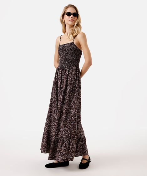 vestido longo alça fina feminino de viscose com recorte floral preto
