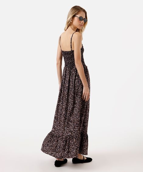 vestido longo alça fina feminino de viscose com recorte floral preto