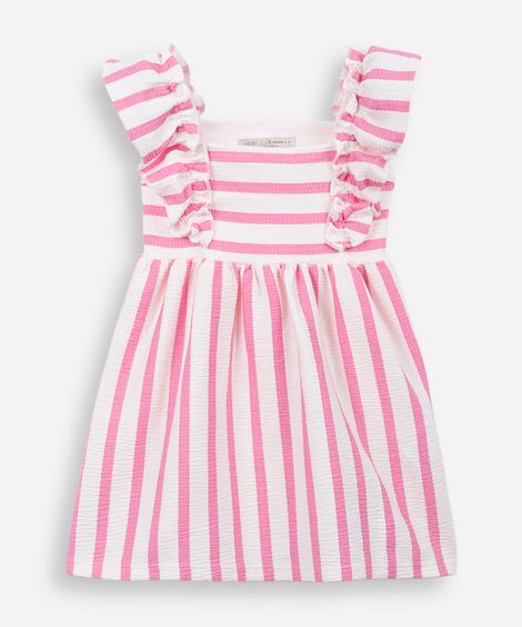 vestido infantil de algodão listrado texturizado rosa