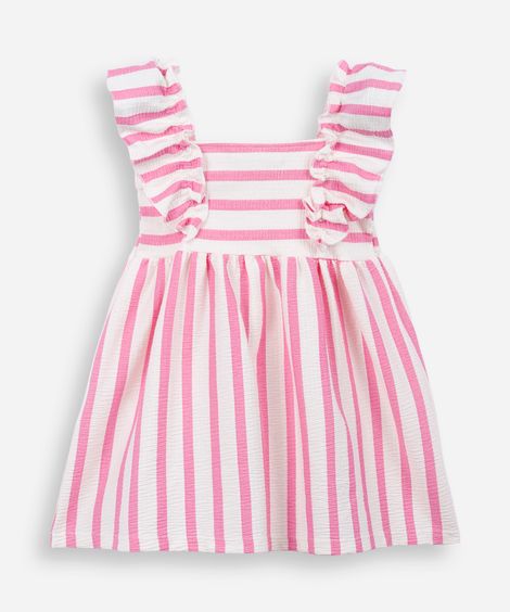 vestido infantil de algodão listrado texturizado rosa