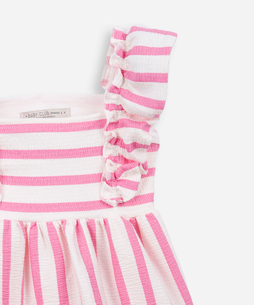vestido infantil de algodão listrado texturizado rosa