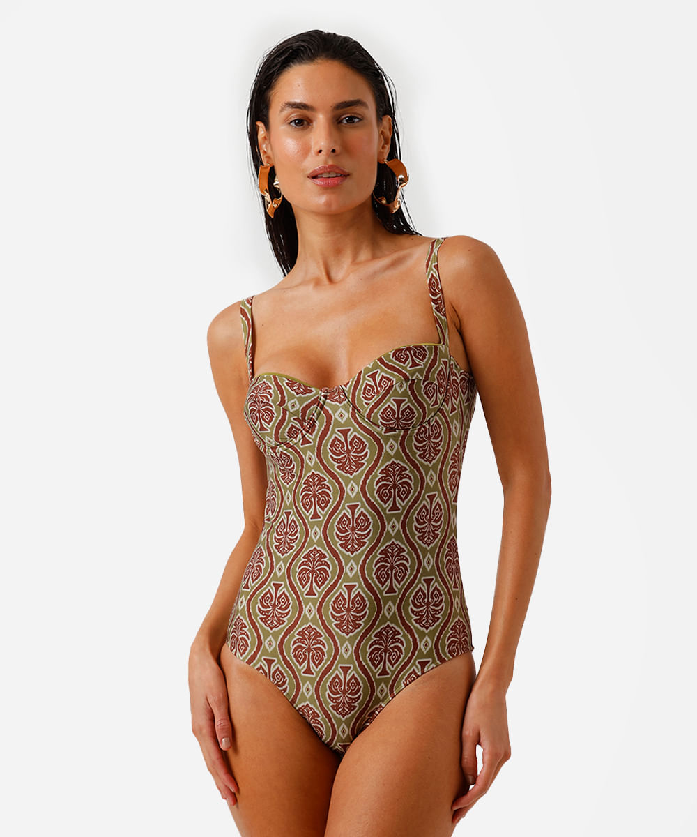 maiô de poliamida decote coração estampado verde