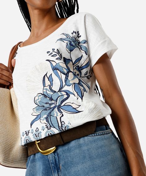 camiseta feminina de algodão floral off white
