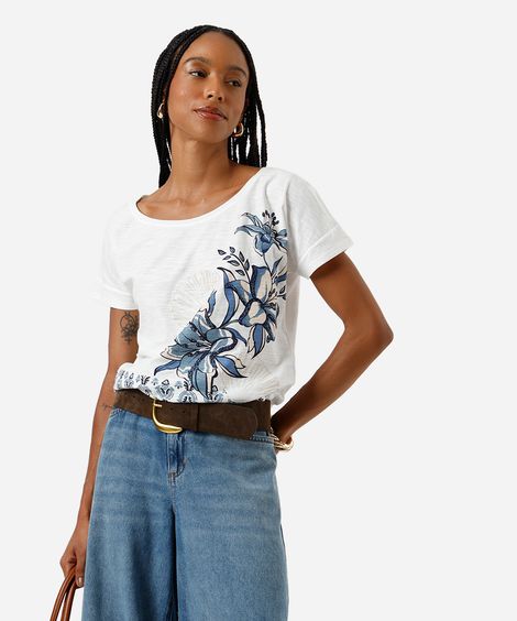 camiseta feminina de algodão floral off white