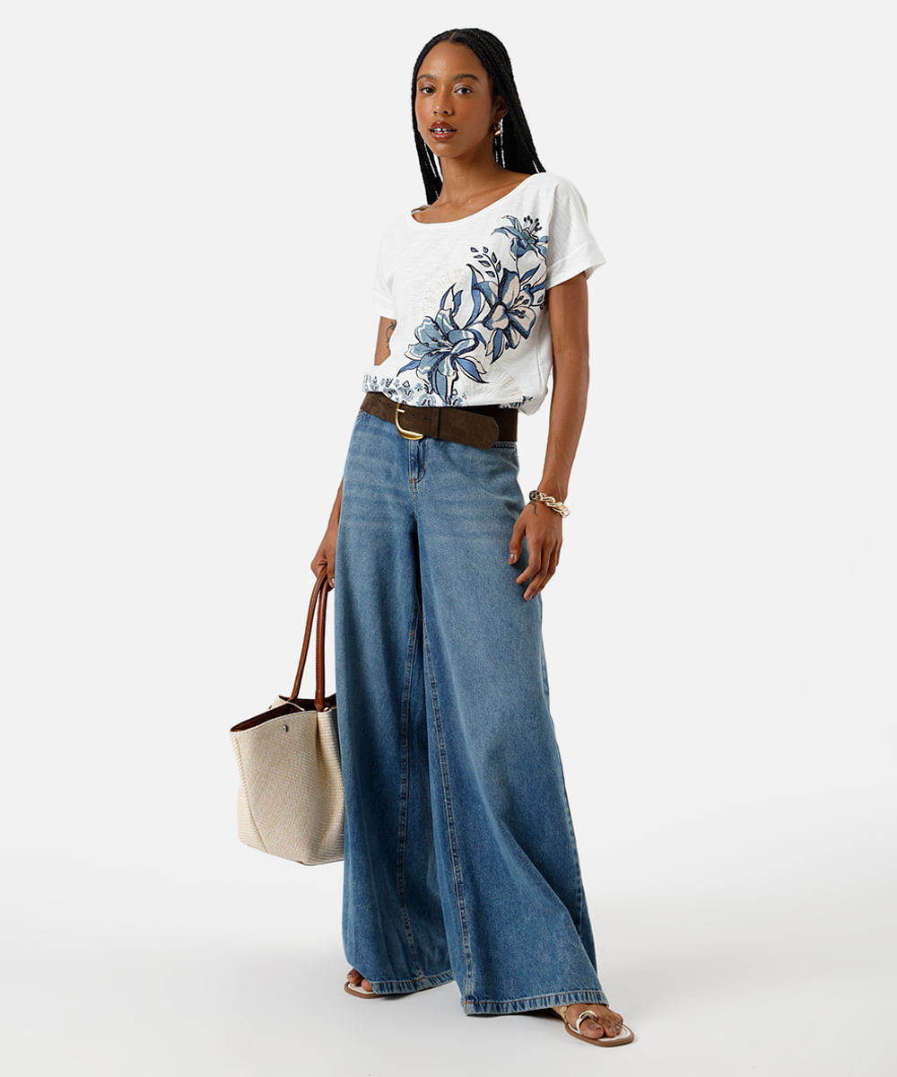 camiseta feminina de algodão floral off white