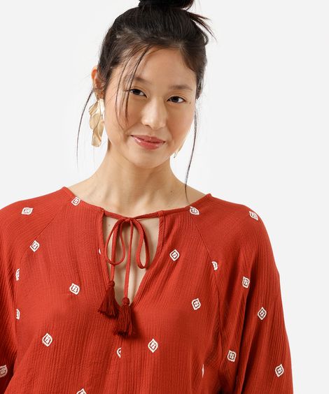 bata feminina com viscose e bordados texturizada laranja