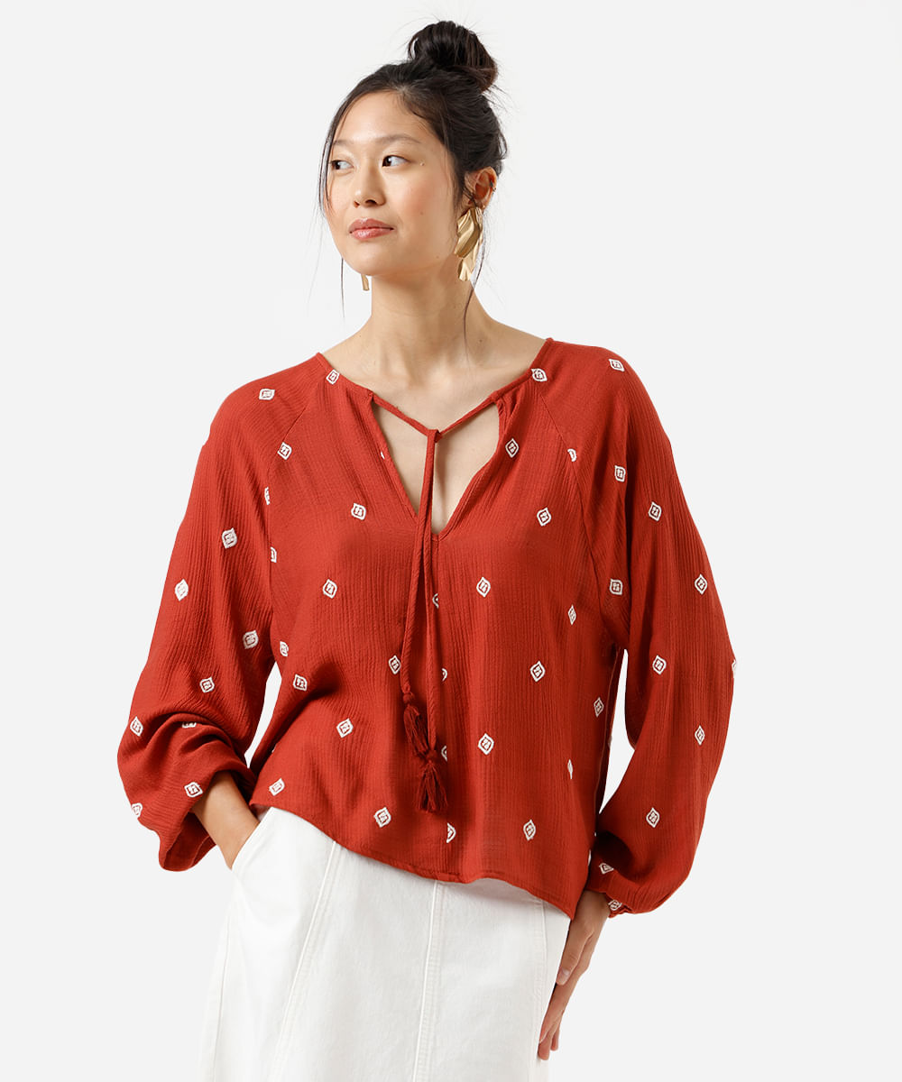 bata feminina com viscose e bordados texturizada laranja