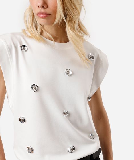 blusa muscle tee feminina bordado de paetê off white