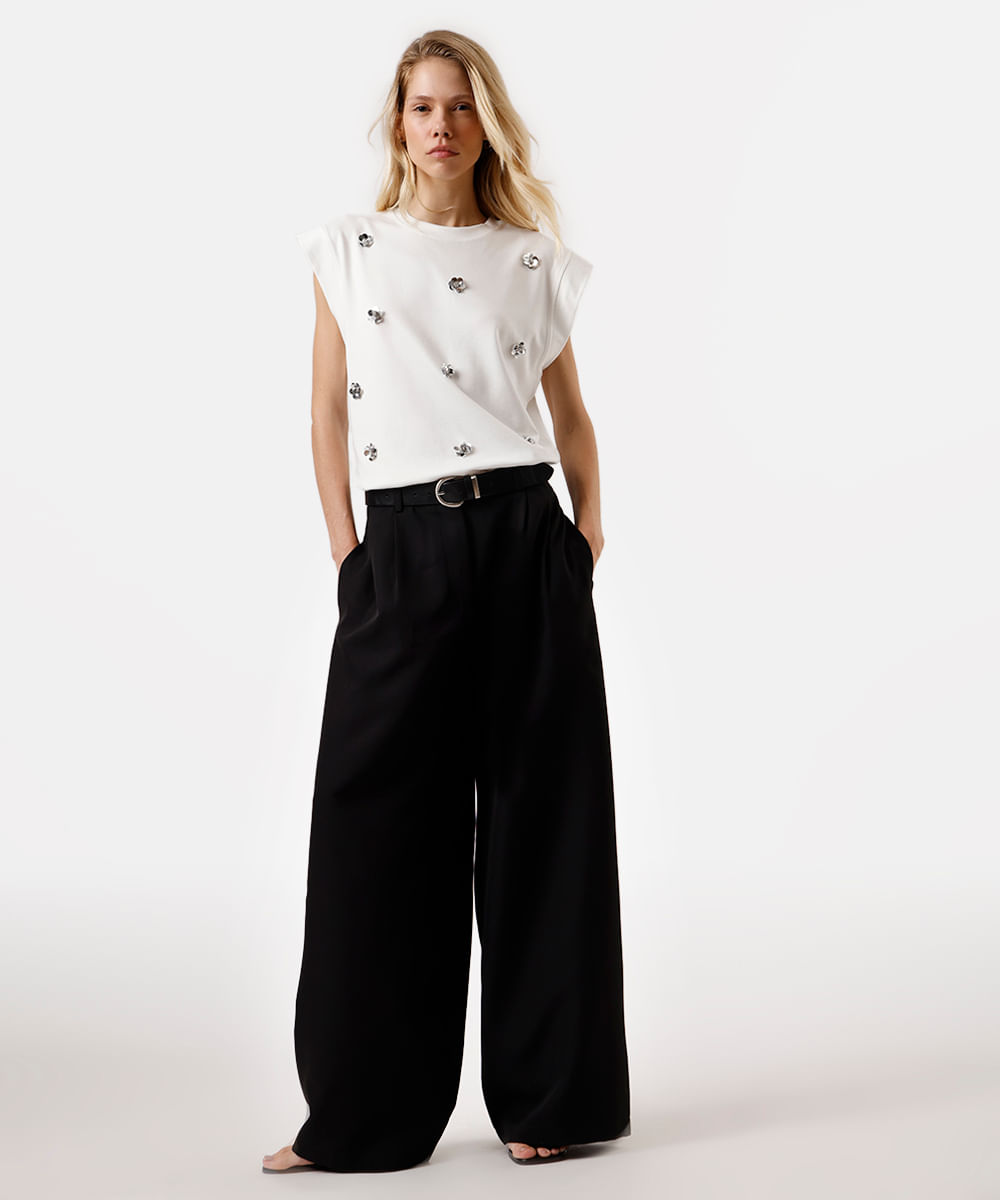 blusa muscle tee feminina bordado de paetê off white