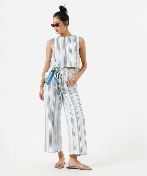 calça wide leg cropped feminina de sarja listrada off white