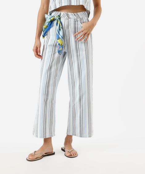 calça wide leg cropped feminina de sarja listrada off white