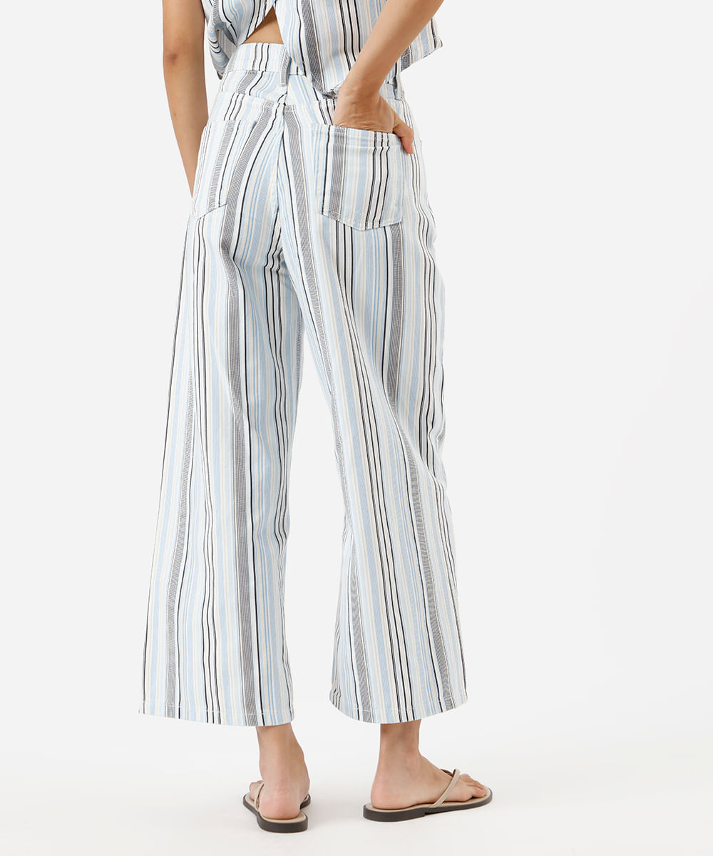 calça wide leg cropped feminina de sarja listrada off white