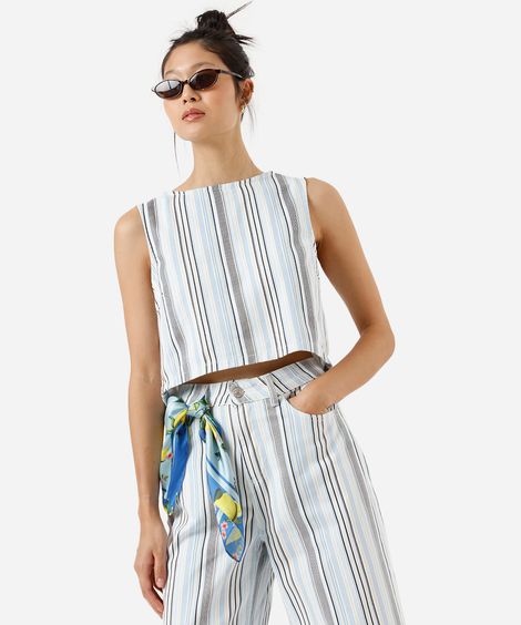 cropped  feminino de sarja listrado off white