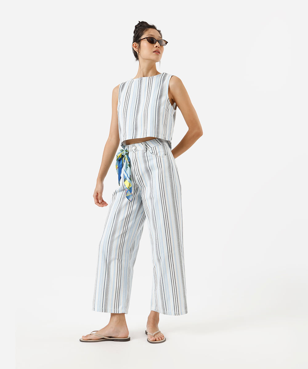 cropped  feminino de sarja listrado off white