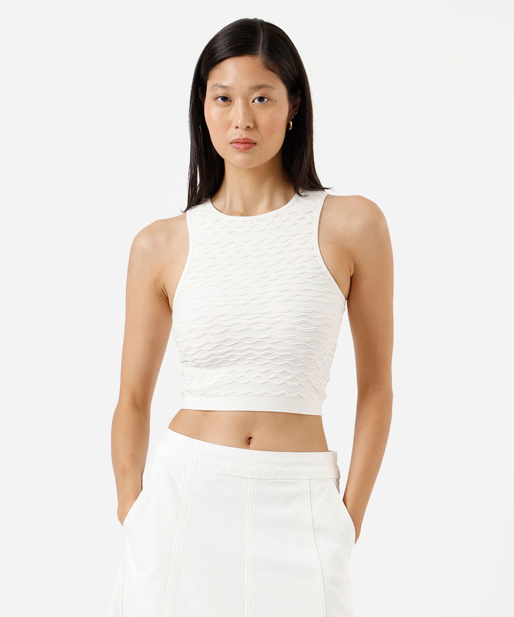 regata cropped feminina de poliamida texturizada off white