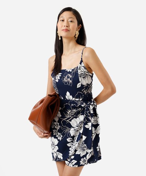 vestido curto alça fina feminino de viscose com amarração floral azul