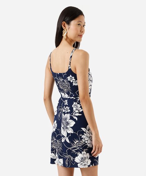vestido curto alça fina feminino de viscose com amarração floral azul