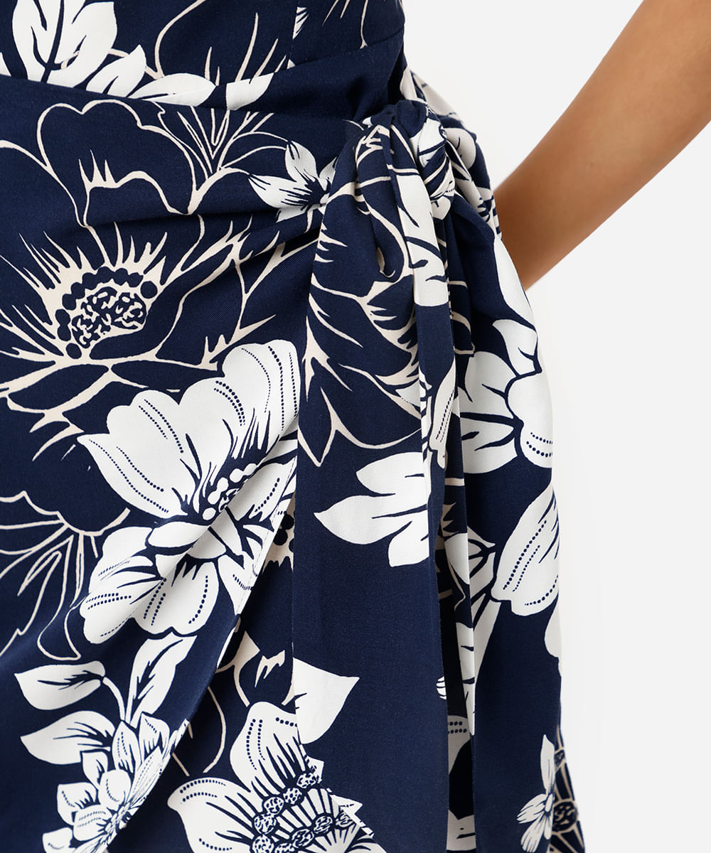 vestido curto alça fina feminino de viscose com amarração floral azul