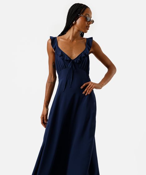 vestido midi slip dress feminino de viscose com babados azul