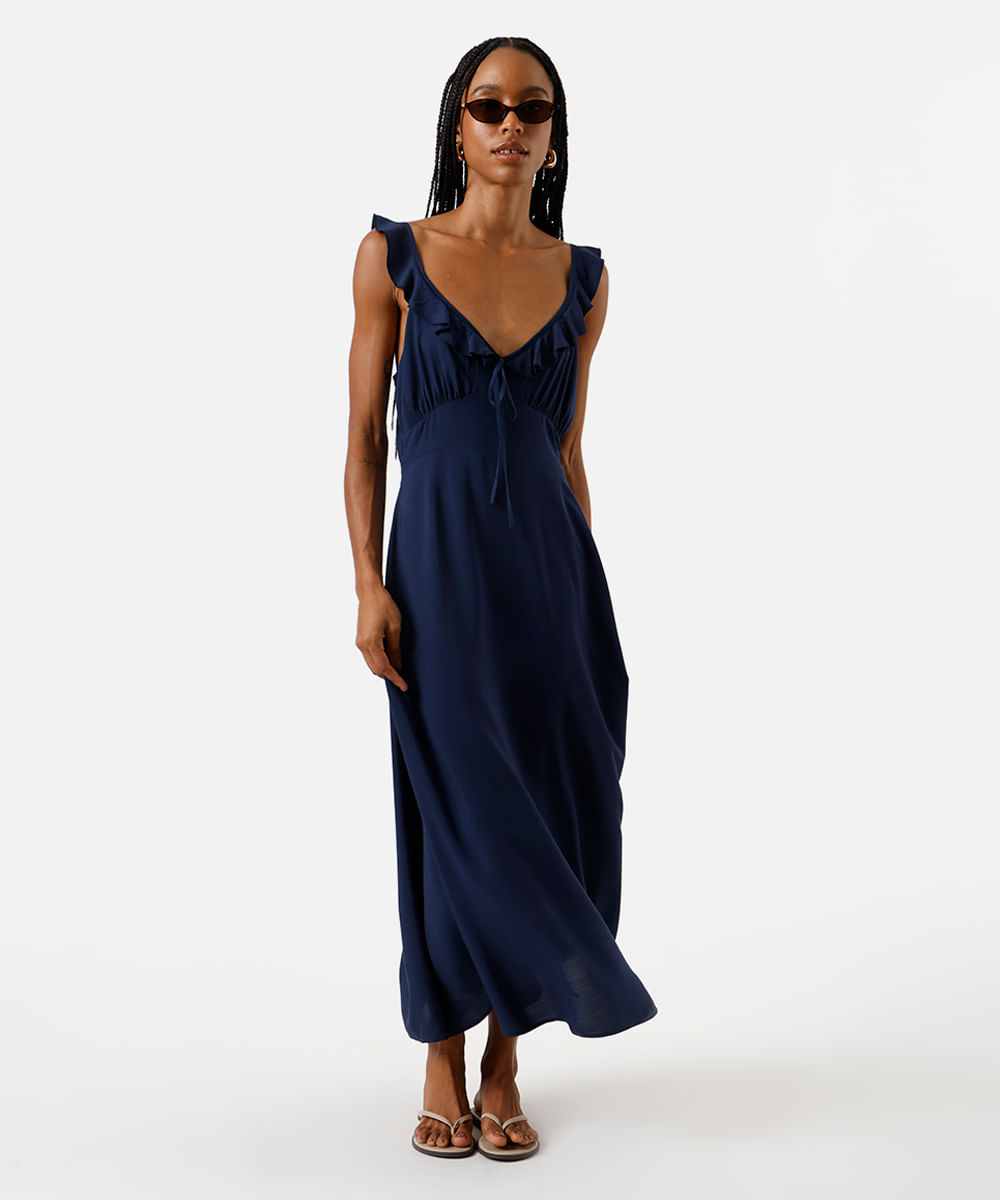 vestido midi slip dress feminino de viscose com babados azul