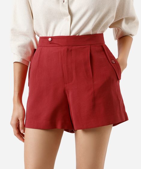 short de alfaiataria feminino com viscose e pregas cós elástico vermelho