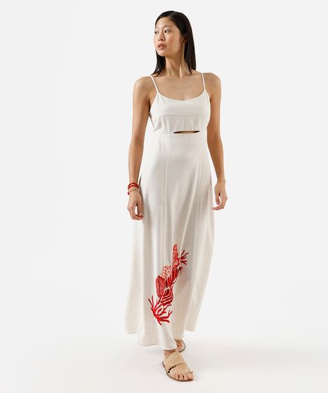 vestido midi alça fina feminino com linho e recorte bordado bege