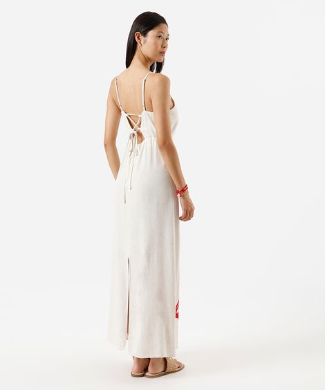 vestido midi alça fina feminino com linho e recorte bordado bege